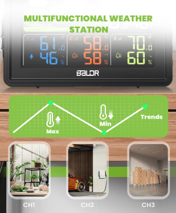 BALDR Wireless Weather Station w/ 3 Sensors – Large Color Display, Atomic Clock, Barometer,Black