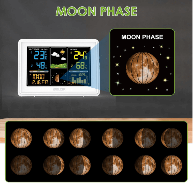 BALDR Wireless Weather Station - Color Digital Thermometer with Atomic Clock, Barometer & Moon Phase,White