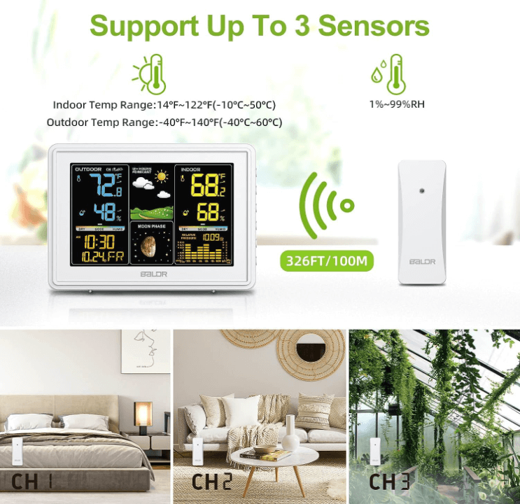 BALDR Wireless Weather Station - Color Digital Thermometer with Atomic Clock, Barometer & Moon Phase,White