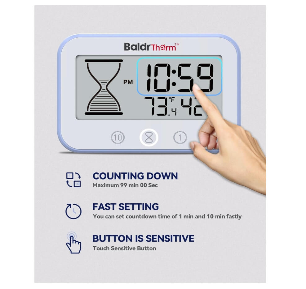 BaldrTherm Waterproof Shower Clock - Timer, Hygrometer & Thermometer (Blue)
