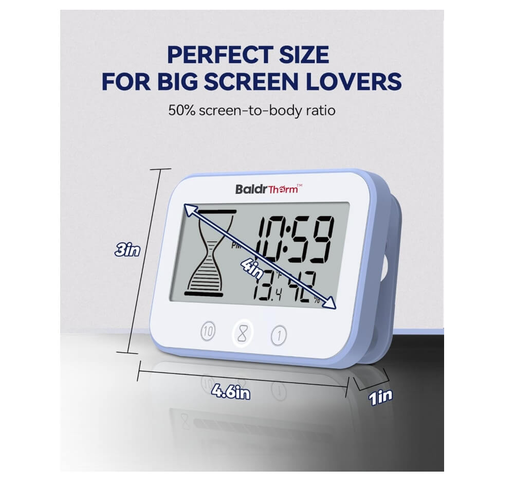 BaldrTherm Waterproof Shower Clock - Timer, Hygrometer & Thermometer (Blue)
