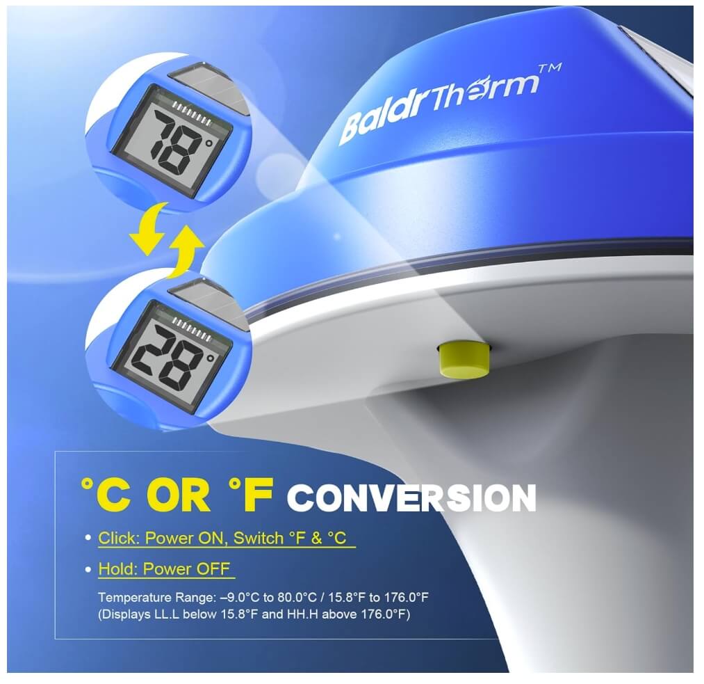 BaldrTherm Pool Thermometer Solar Digital Floating,With Double-Sided Display Screen for Swimming Pool, Blue
