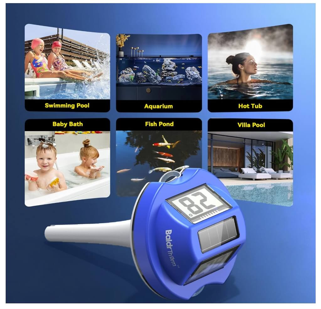BaldrTherm Pool Thermometer Solar Digital Floating,With Double-Sided Display Screen for Swimming Pool, Blue