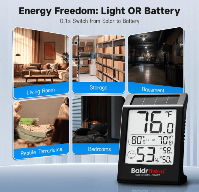 BaldrTherm Humidity Meter Hygrometer, Solar-Powered Room Thermometer, White and Balck