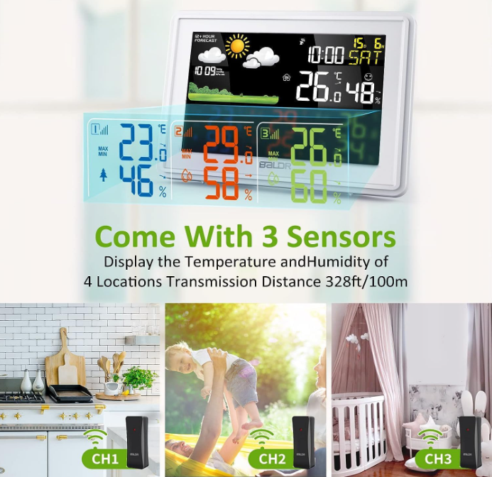 BALDR Wireless Weather Station / 3 Sensors – Large Color Display, Atomic Clock, Barometer,White