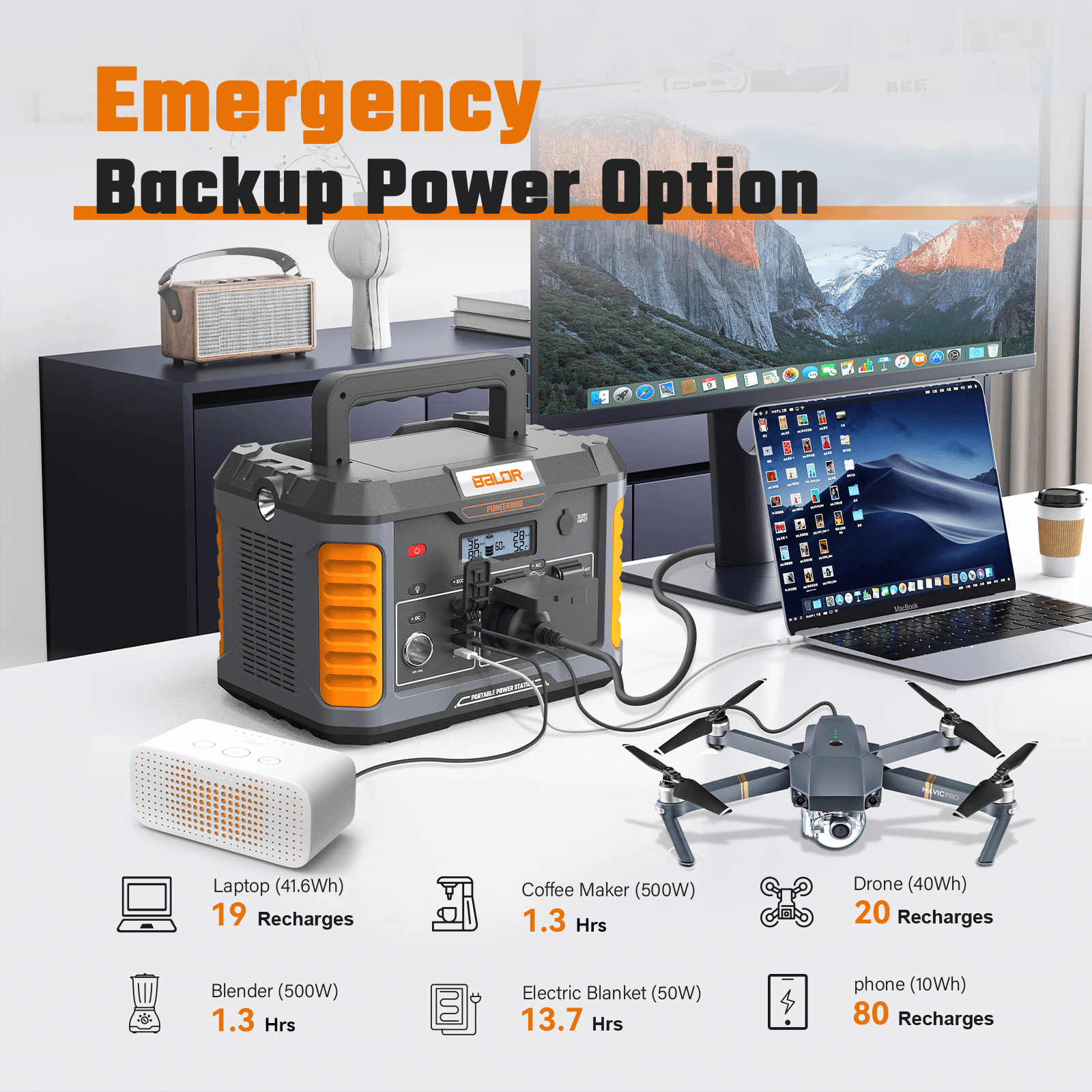BALDR Portable Power Station, 1000W Output, 808Wh Capacity, AC Outlet, USB Ports, Solar Charging Generator for Home Camping Emergency Use