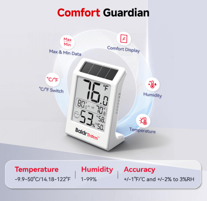 BaldrTherm Humidity Meter Hygrometer, Solar-Powered Room Thermometer Indoor Digital Temperature Sensor Monitor, 3 Pack