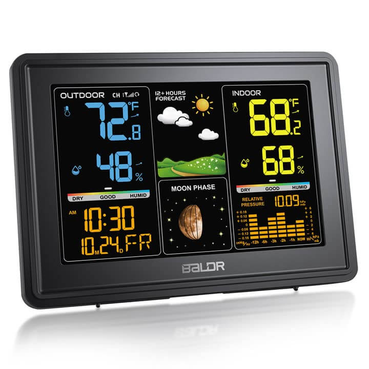 BALDR Wireless Weather Station - Color Digital Thermometer with Atomic Clock, Barometer & Moon Phase,Black