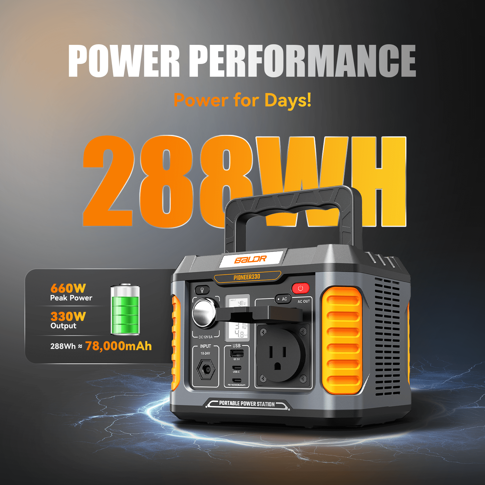 BALDR Portable Power Station, Solar Generator with 120V Pure Sine Wave AC Outlet, Backup Lithium Battery Power Supply, 330W | 288Wh, For CPAP Camping Travel Hunting Outdoors Emergency Blackout