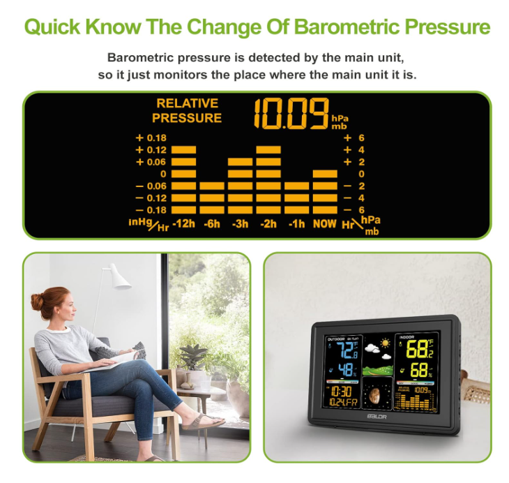 BALDR Wireless Weather Station - Color Digital Thermometer with Atomic Clock, Barometer & Moon Phase,Black