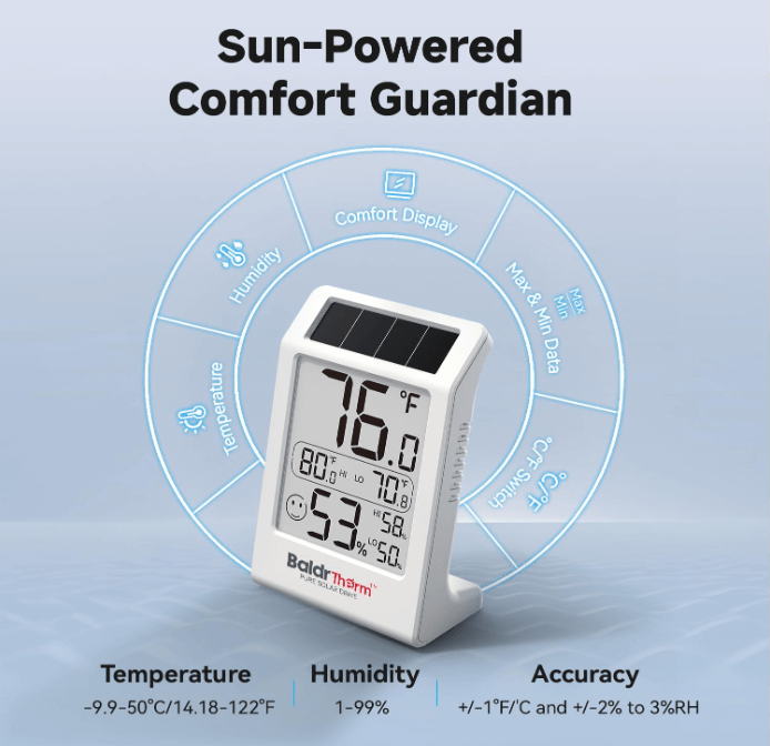 BaldrTherm Humidity Meter Hygrometer, Solar-Powered Room Thermometer, White and Balck