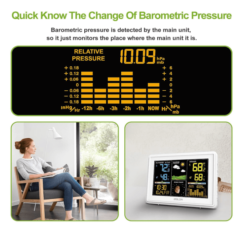 BALDR Wireless Weather Station - Color Digital Thermometer with Atomic Clock, Barometer & Moon Phase,White