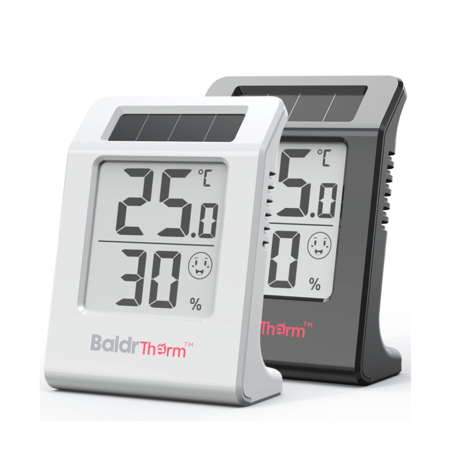 BaldrTherm Humidity Meter Hygrometer, Solar-Powered Room Thermometer 2.2'', White and Black