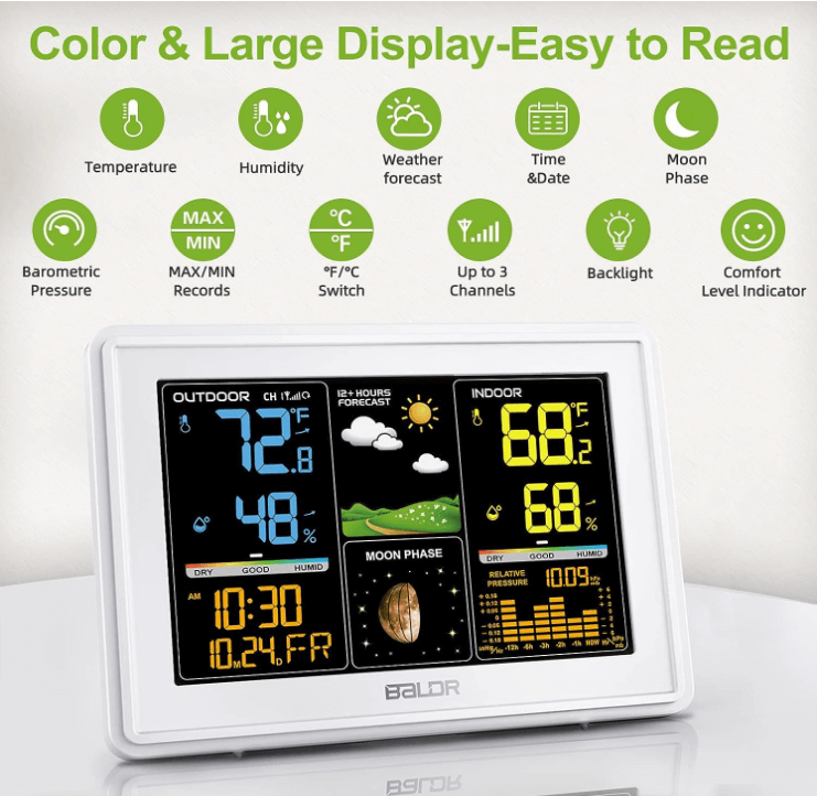BALDR Wireless Weather Station - Color Digital Thermometer with Atomic Clock, Barometer & Moon Phase,White