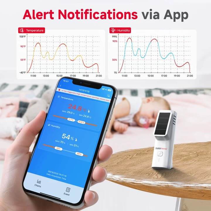 BaldrTherm Solar Bluetooth Temperature & Humidity Monitor, Wireless Thermometer with Date Storage（3 pack）