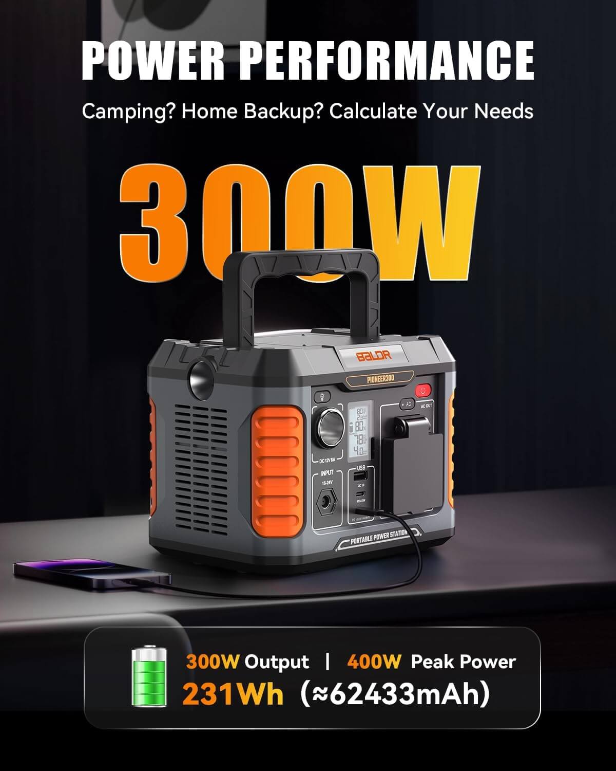 BALDR Portable Power Station 300W, 231Wh Solar Generator Backup Lithium Battery Power Supply, 120V Pure Sine Wave AC Outlet, QC 3.0, Type C Input/Output, for Home Camping Emergency