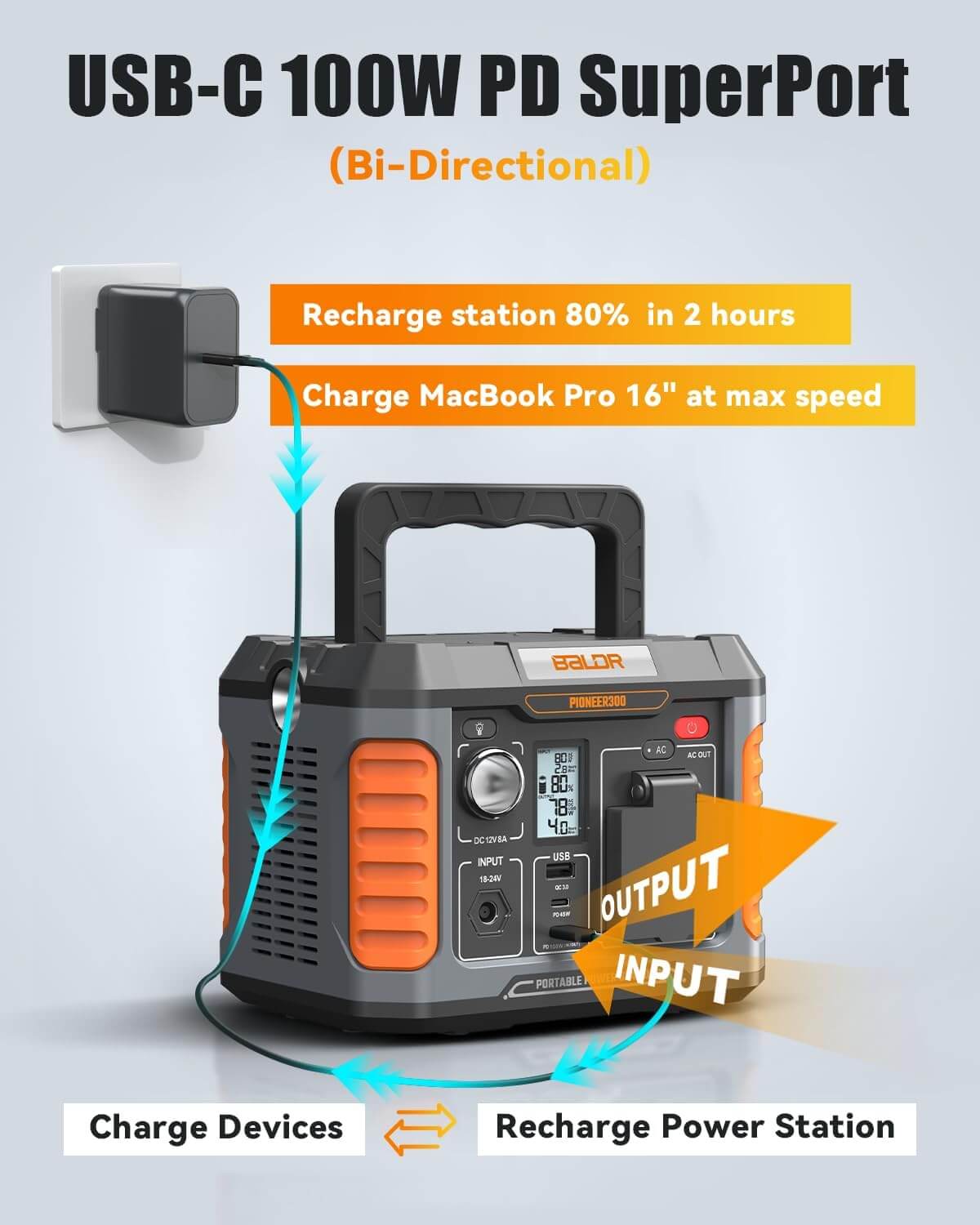 BALDR Portable Power Station 300W, 231Wh Solar Generator Backup Lithium Battery Power Supply, 120V Pure Sine Wave AC Outlet, QC 3.0, Type C Input/Output, for Home Camping Emergency