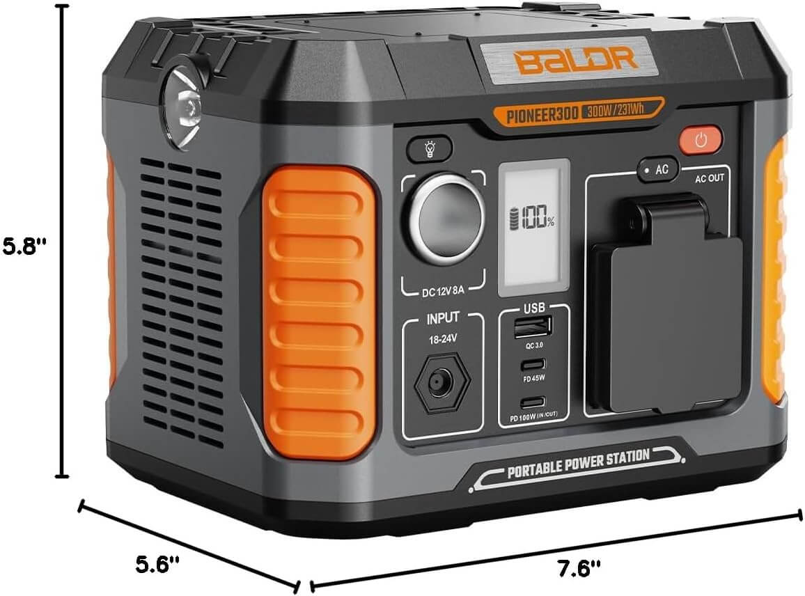 BALDR Portable Power Station 300W, 231Wh Solar Generator Backup Lithium Battery Power Supply, 120V Pure Sine Wave AC Outlet, QC 3.0, Type C Input/Output, for Home Camping Emergency