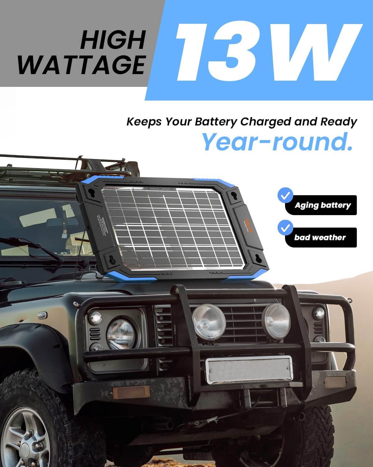 BALDR 12V Solar Battery Charger, 13W Waterproof Dual Sided Battery Maintainer, IP67 MPPT Trickle Charger for Car, Trailer, Lawn Mower, Boat