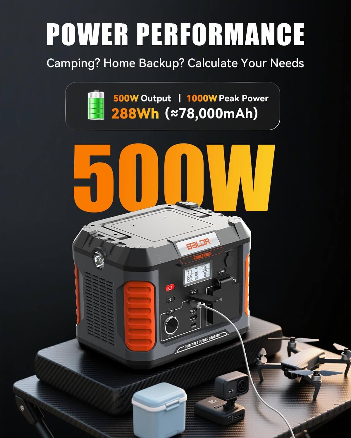 BALDR Portable Power Station, 500W Output, 288Wh Capacity, AC Outlet, USB Ports, Solar Charging Generator for Home Camping Emergency Use
