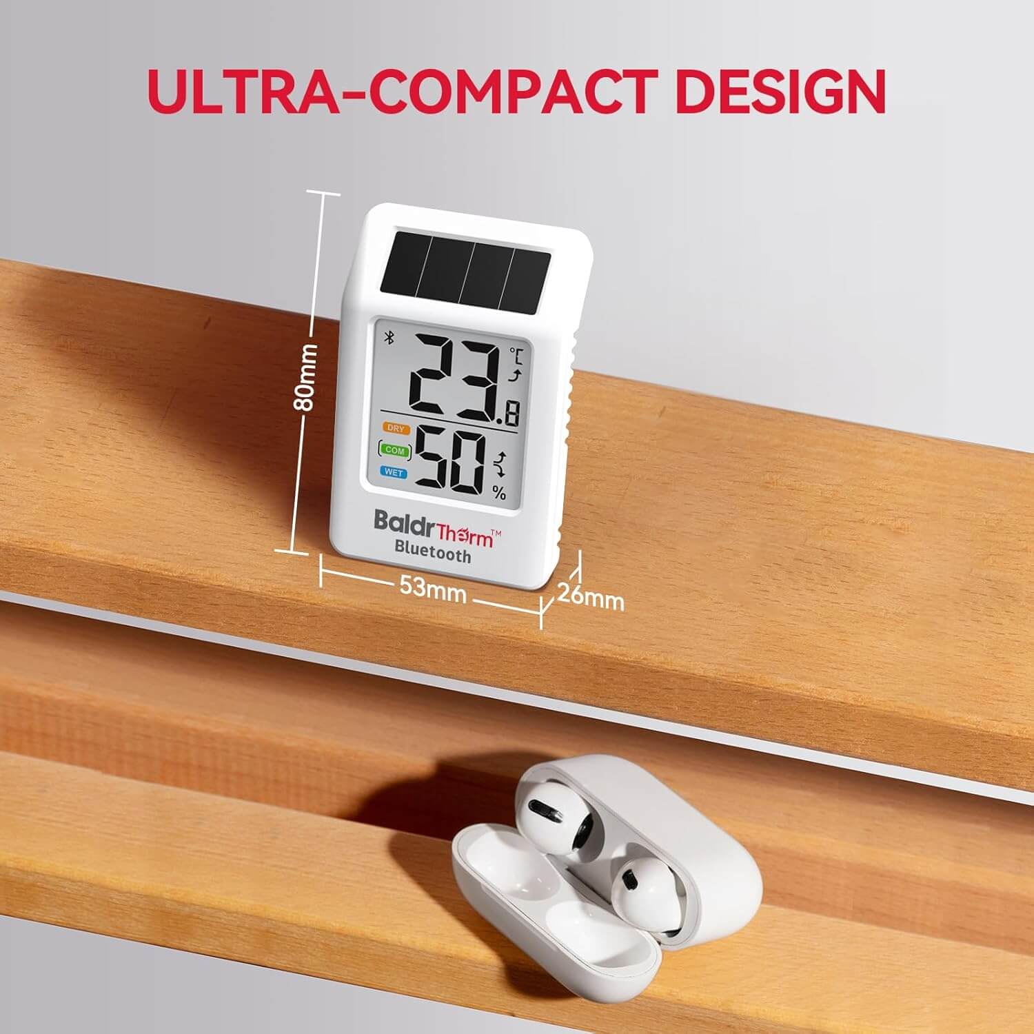 BaldrTherm Solar Bluetooth Temperature Humidity Monitor with Remote App Control（White 1 Pack）