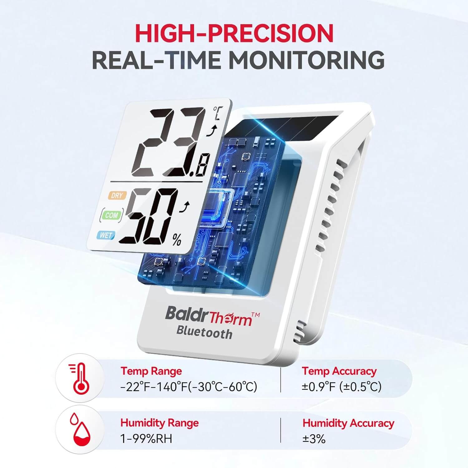 BaldrTherm Solar Bluetooth Temperature Humidity Monitor with Remote App Control（White 1 Pack）