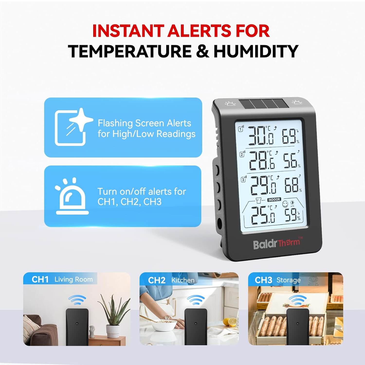 BaldrTherm Solar Outdoor Thermometer, Wireless Temperature & Humidity Monitor with 330ft Range（Black，3 Channel）