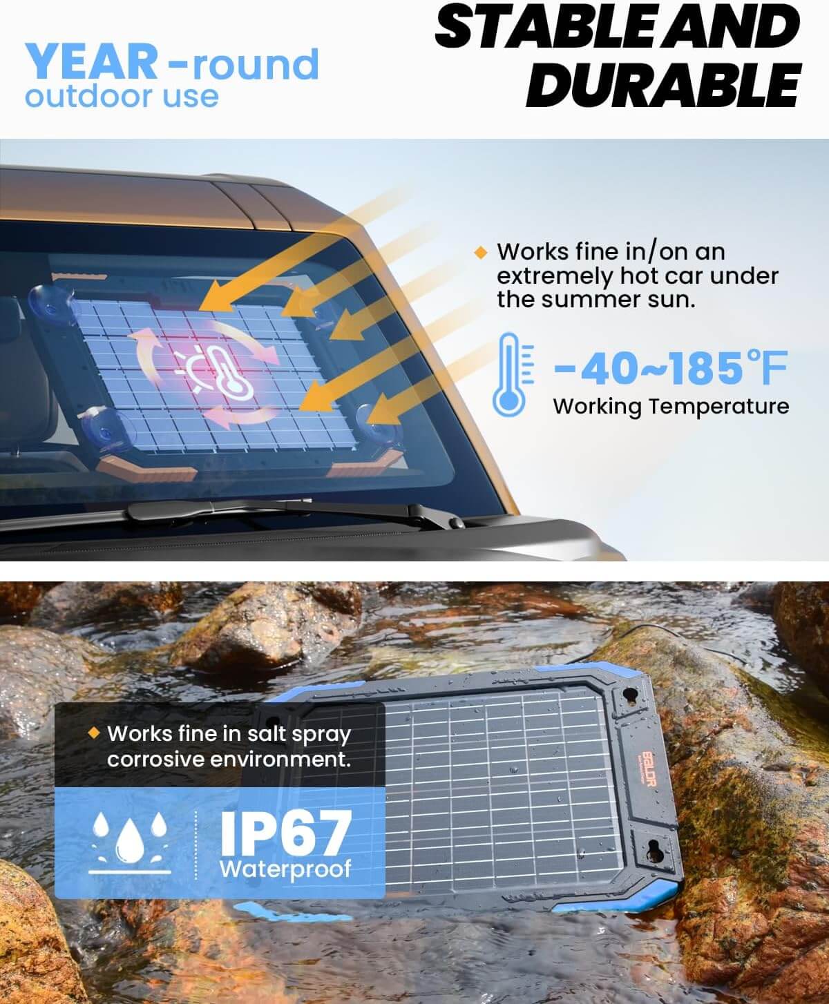 BALDR 12V Solar Battery Charger, 13W Waterproof Dual Sided Battery Maintainer, IP67 MPPT Trickle Charger for Car, Trailer, Lawn Mower, Boat