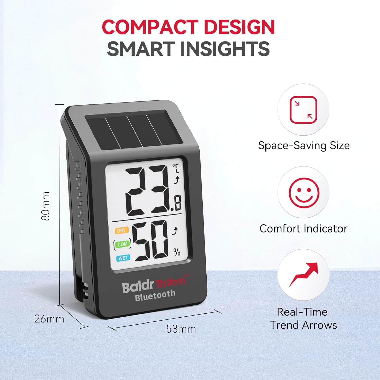 BaldrTherm Solar Bluetooth Temperature Humidity Monitor with Remote App Control（Black 2 Pack）