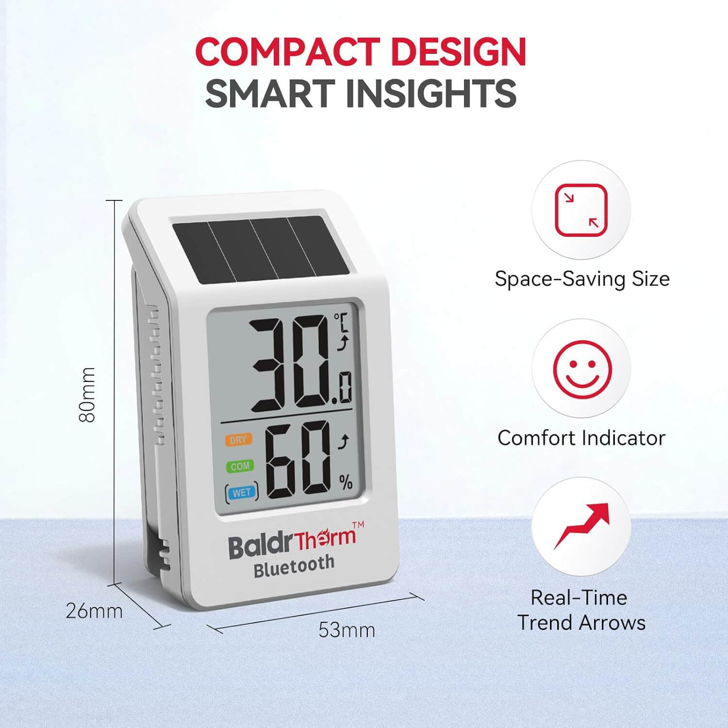 BaldrTherm Solar Bluetooth Temperature Humidity Monitor with Remote App Control（White 3 Pack）