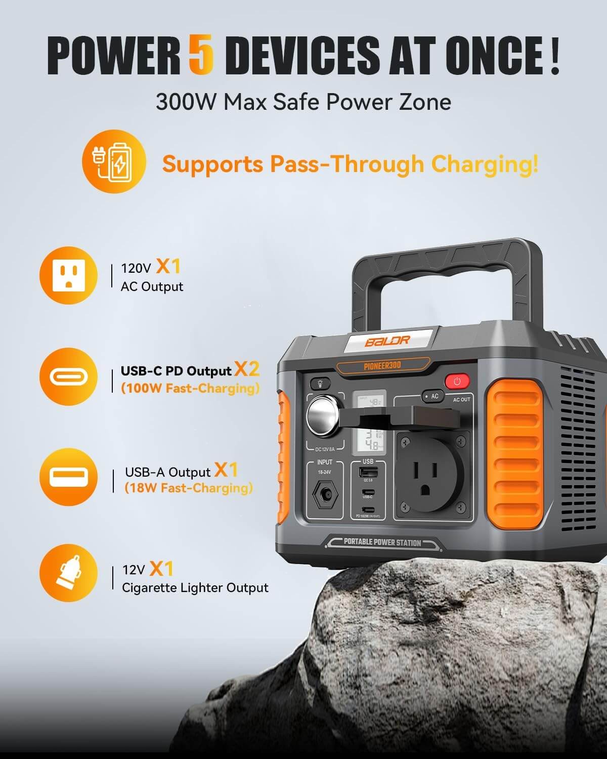 BALDR Portable Power Station 300W, 231Wh Solar Generator Backup Lithium Battery Power Supply, 120V Pure Sine Wave AC Outlet, QC 3.0, Type C Input/Output, for Home Camping Emergency
