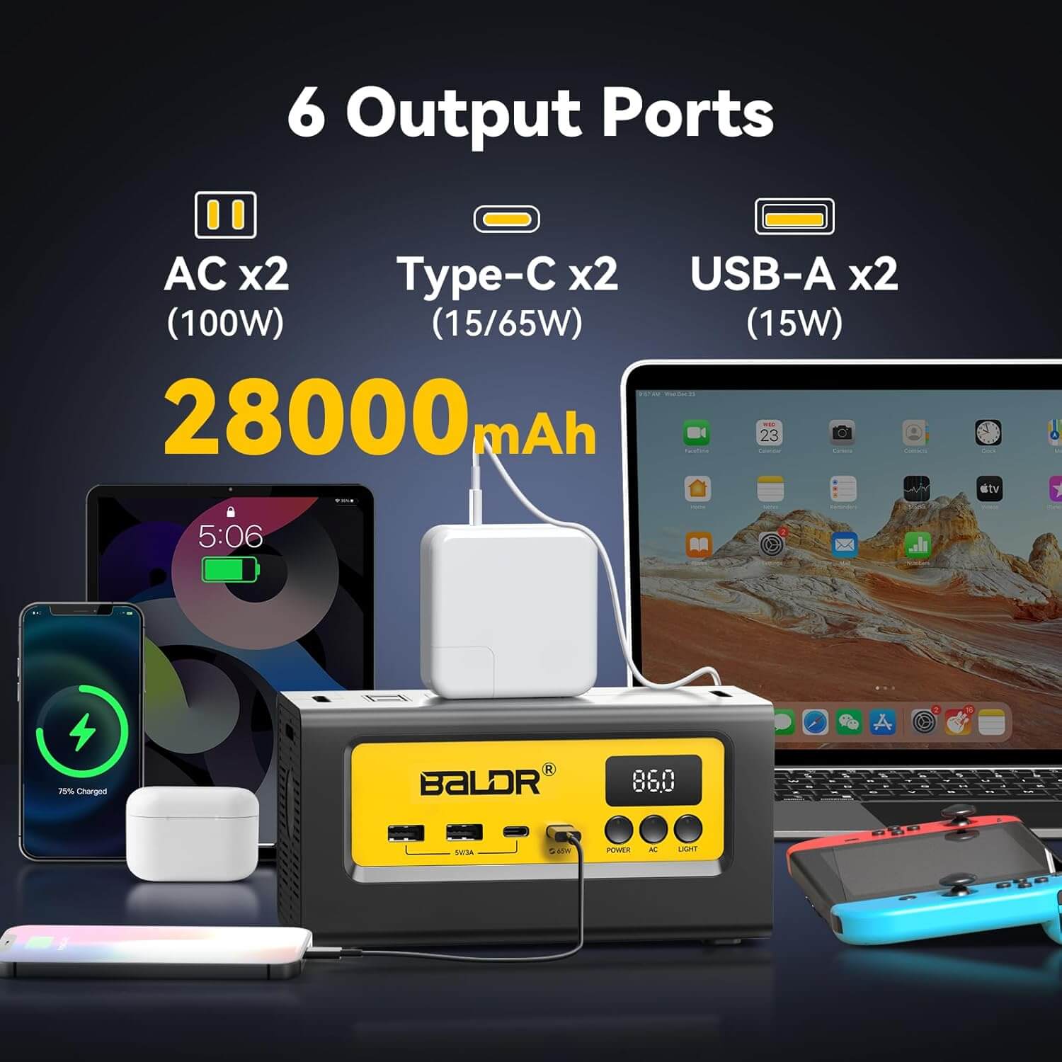 BALDR Portable Power Station 28000mAh, 90Wh LiFePO4 Battery Backup Camping Solar Generator