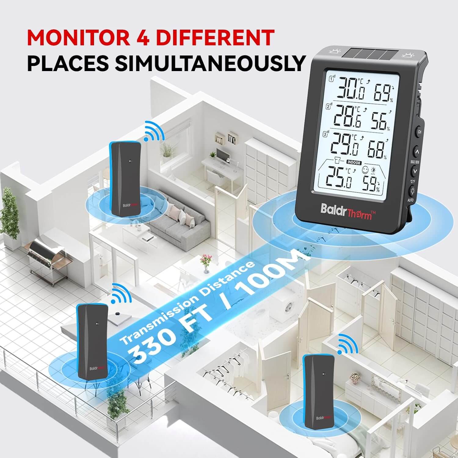 BaldrTherm Solar Outdoor Thermometer, Wireless Temperature & Humidity Monitor with 330ft Range（Black，3 Channel）