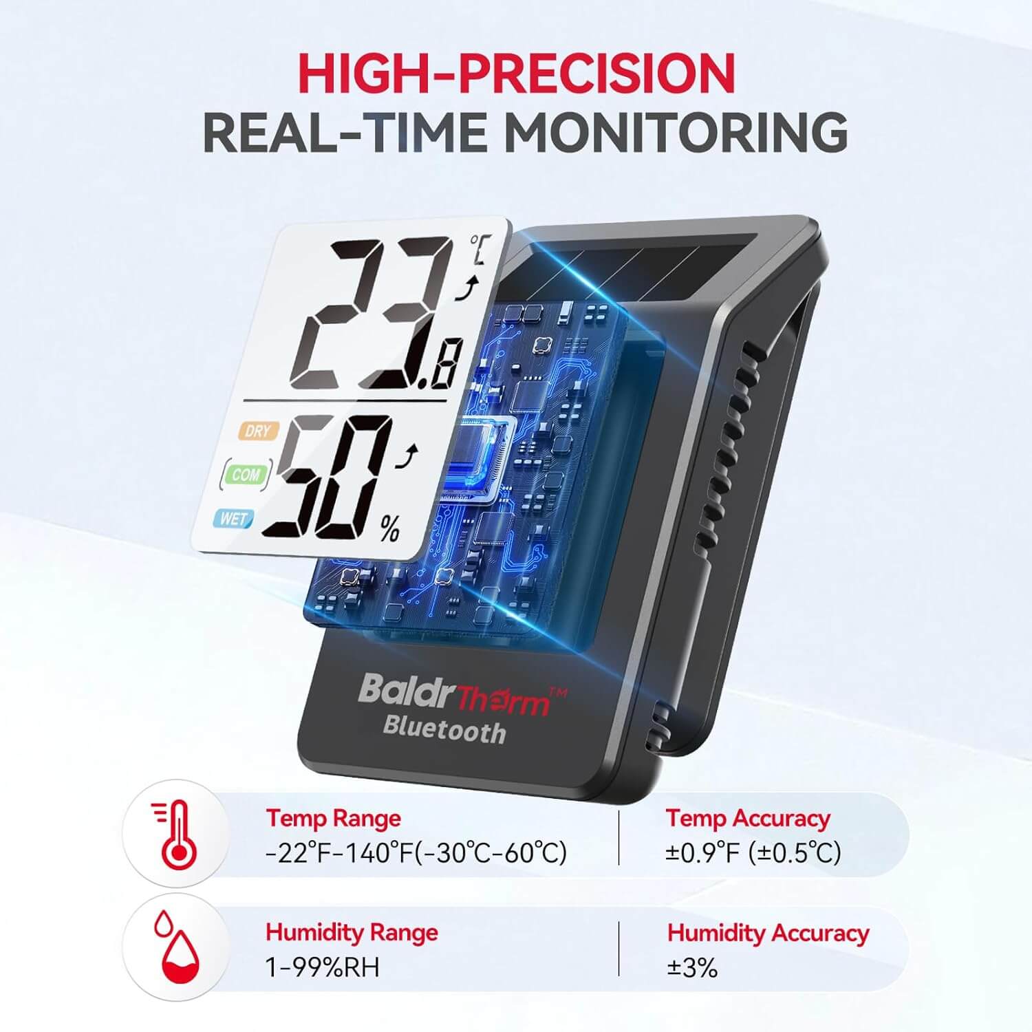 BaldrTherm Solar Bluetooth Temperature Humidity Monitor with Remote App Control（Black 2 Pack）