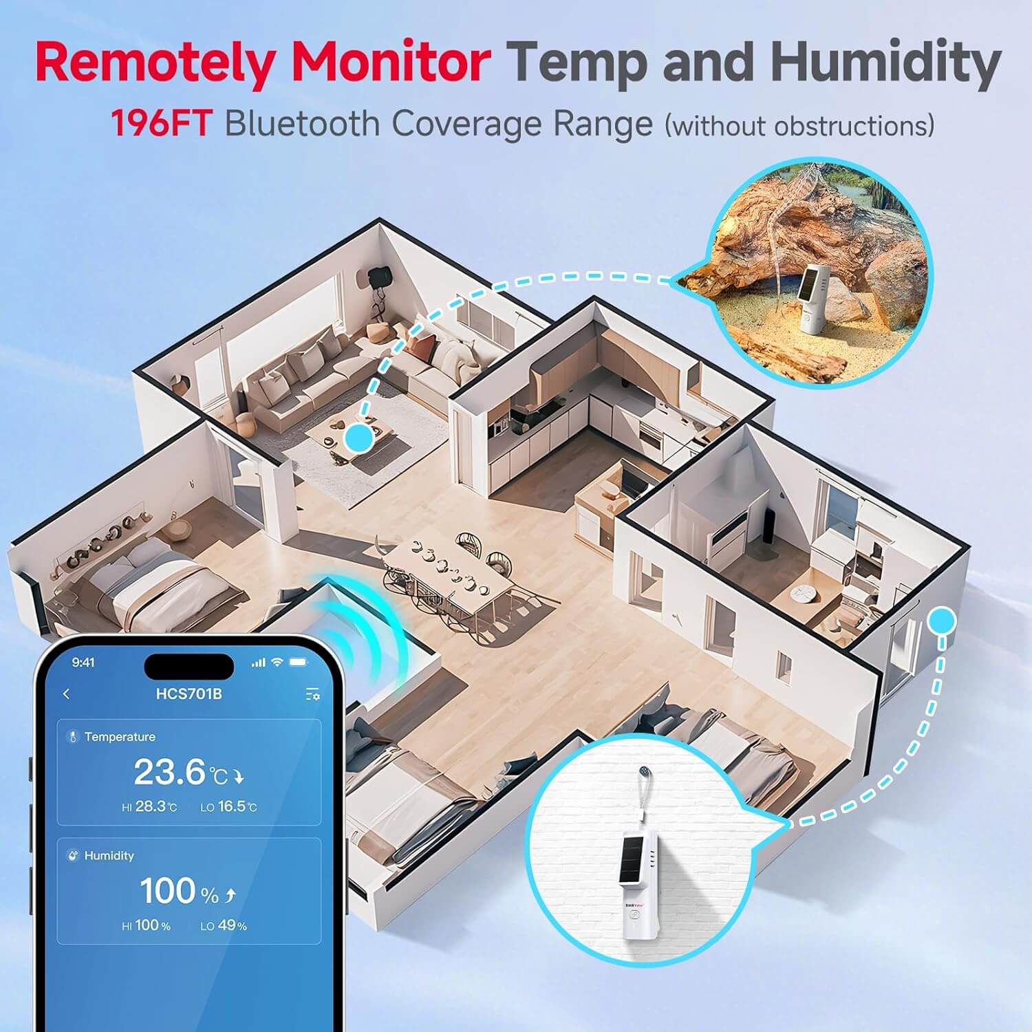 BaldrTherm Solar WiFi Hygrometer Thermometer Sensor, Smart Wireless Temperature Humidity（3 pack）