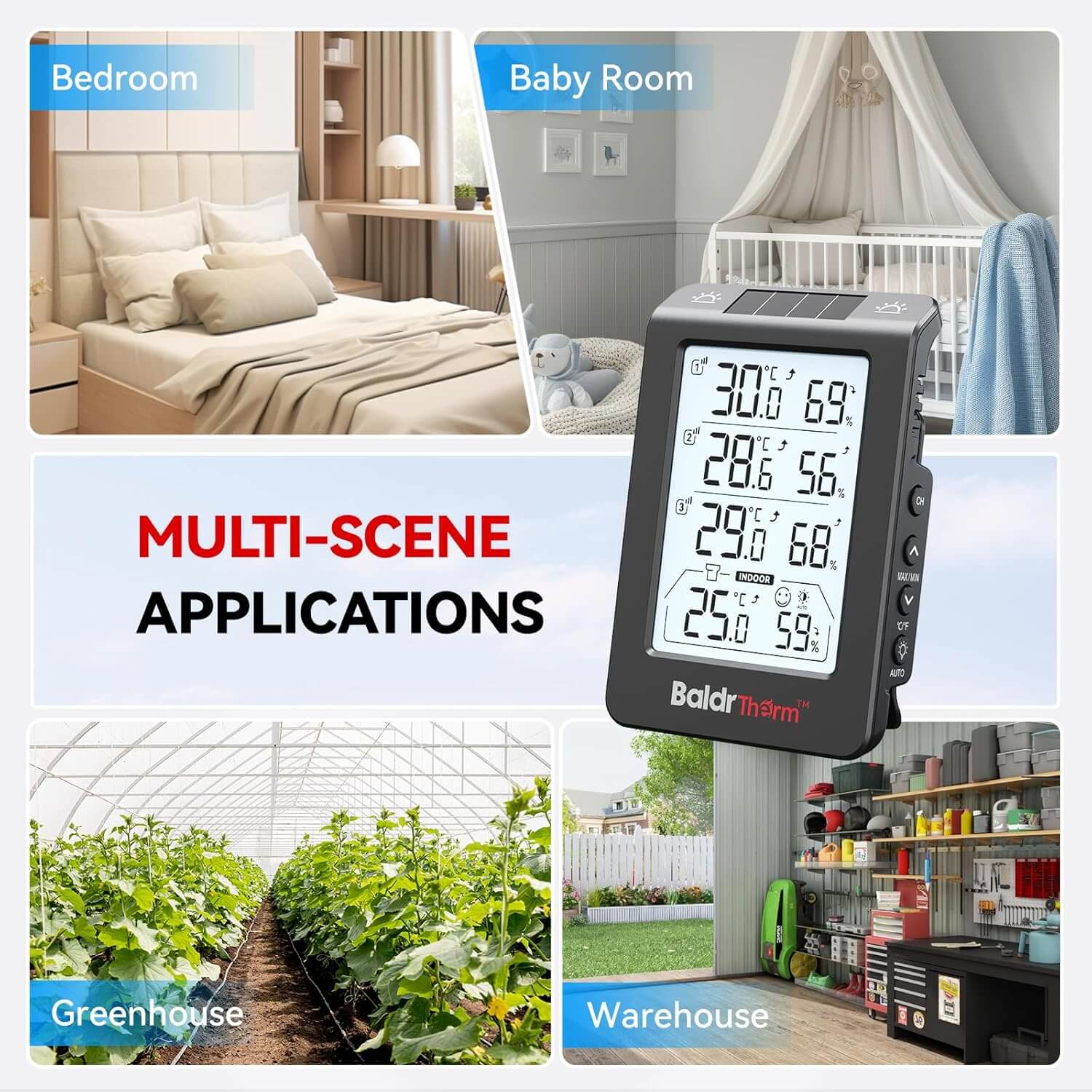 BaldrTherm Solar Outdoor Thermometer, Wireless Temperature & Humidity Monitor with 330ft Range（Black，3 Channel）