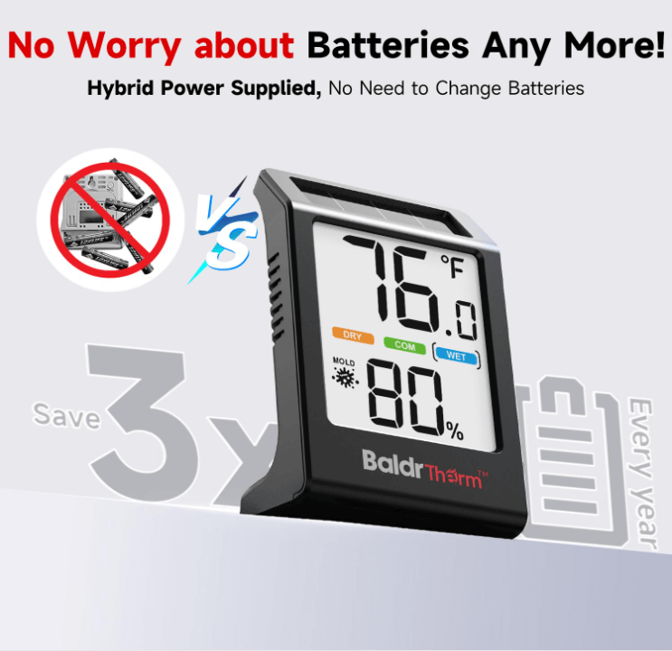 BaldrTherm Humidity Meter Hygrometer, Solar-Powered Room Thermometer, 3.2''