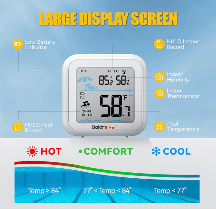 BaldrTherm Pool Thermometer Digital Floating Easy Read, Anti-Fog 360° Reading with Indoor Temperature Humidity Monitor