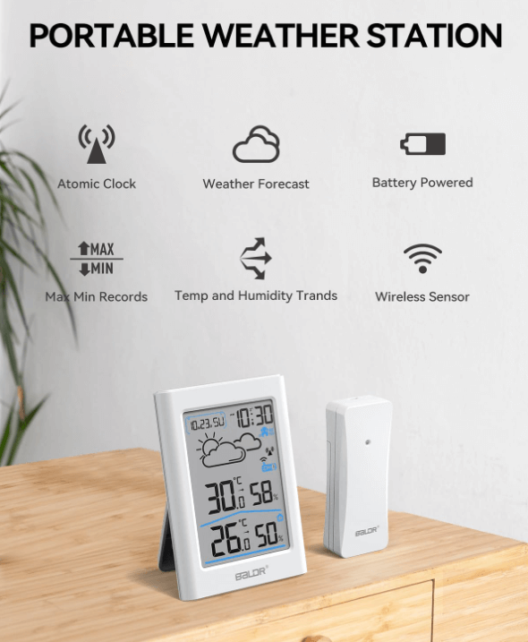 BALDR Indoor Outdoor Thermometer Wireless with Atomic Clock