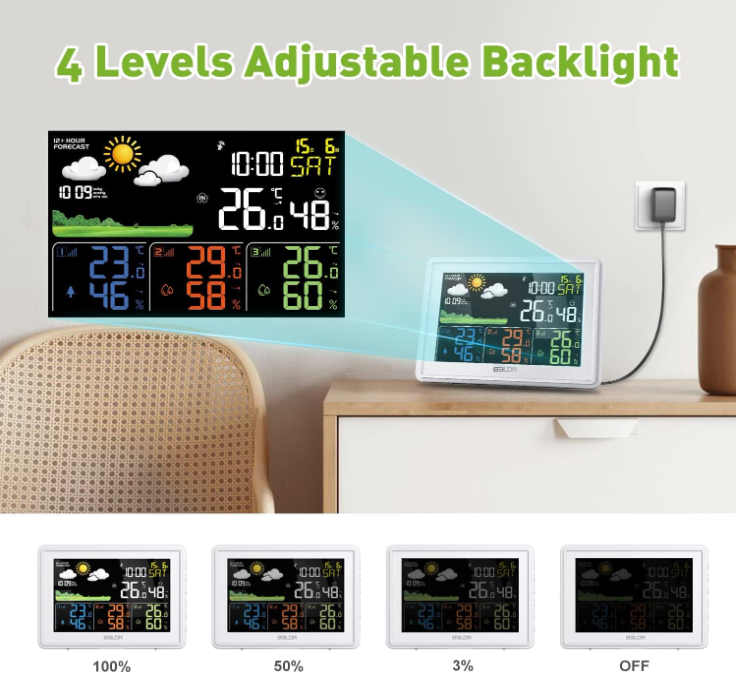 BALDR Wireless Weather Station / 3 Sensors – Large Color Display, Atomic Clock, Barometer,White