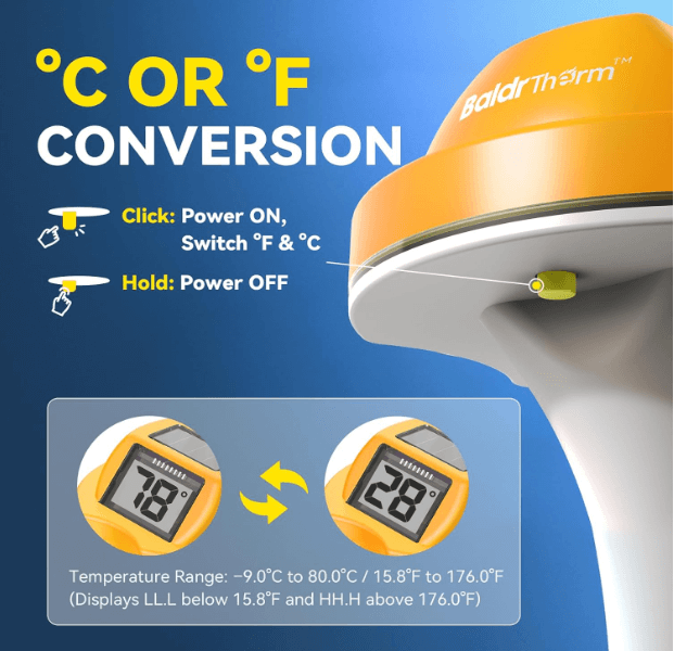 BaldrTherm Solar-Powered Floating Pool Thermometer（Yellow）