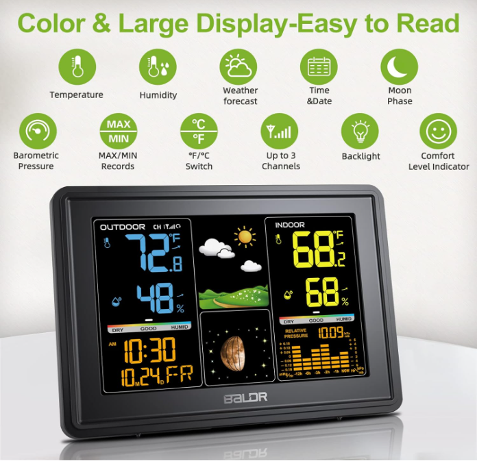 BALDR Wireless Weather Station - Color Digital Thermometer with Atomic Clock, Barometer & Moon Phase,Black