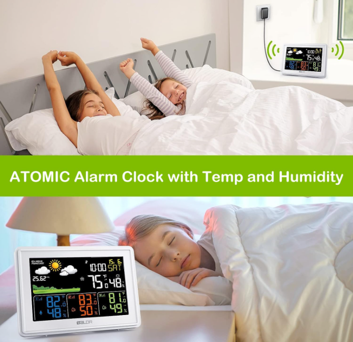 BALDR Wireless Weather Station / 3 Sensors – Large Color Display, Atomic Clock, Barometer,White