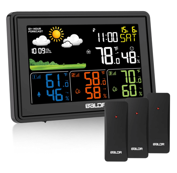 BALDR Wireless Weather Station w/ 3 Sensors – Large Color Display, Atomic Clock, Barometer,Black