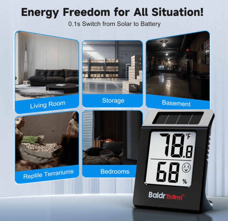 BaldrTherm Humidity Meter Hygrometer, Solar-Powered Room Thermometer 2.2'', White and Black