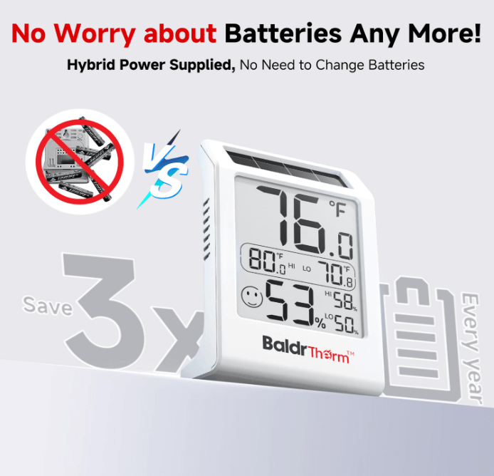 BaldrTherm Humidity Meter Hygrometer, Solar-Powered Room Thermometer Indoor Digital Temperature Sensor Monitor, 3 Pack